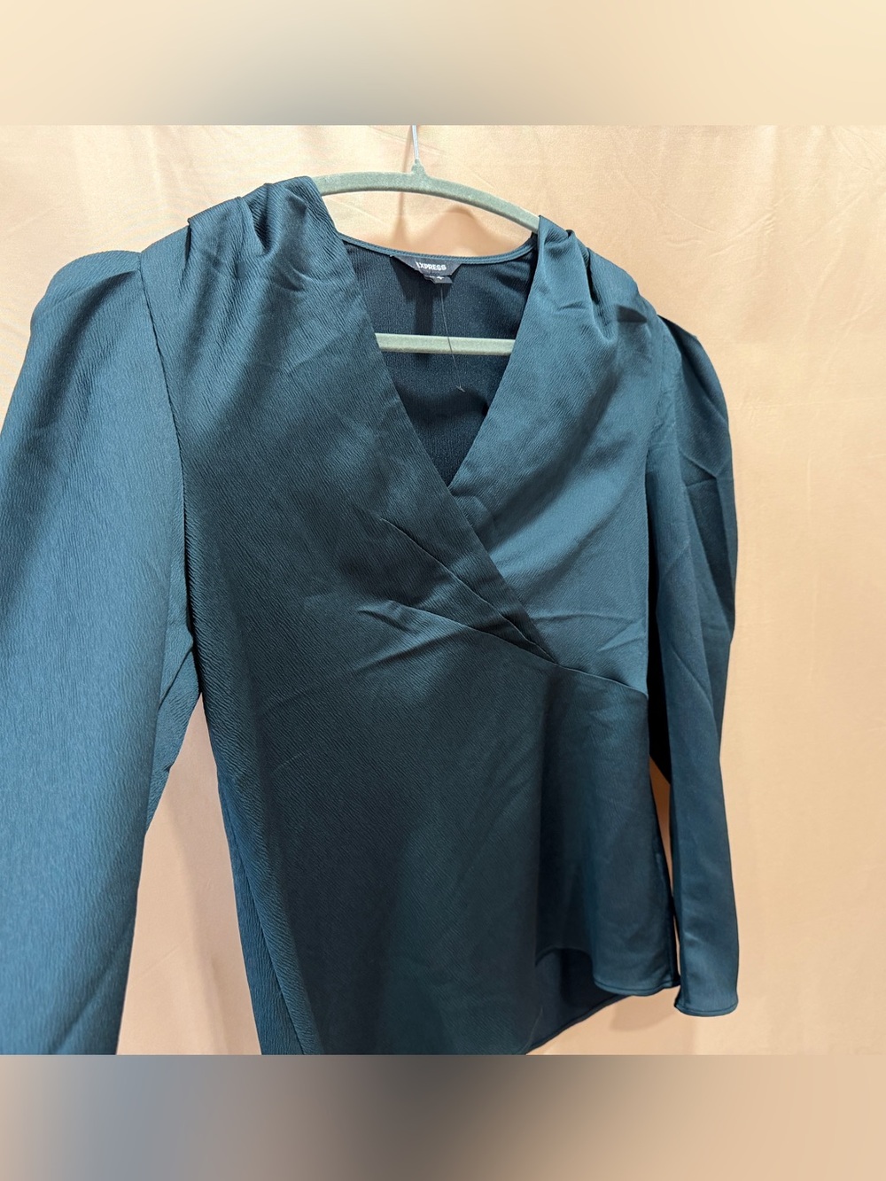Express Teal Satin Wrap Blouse Puff Sleeve V-Neck Top NWOT Women's Small - Picture 3 of 6